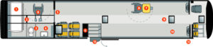 Illustrasjon over plassering av hjelpemidler i bussen